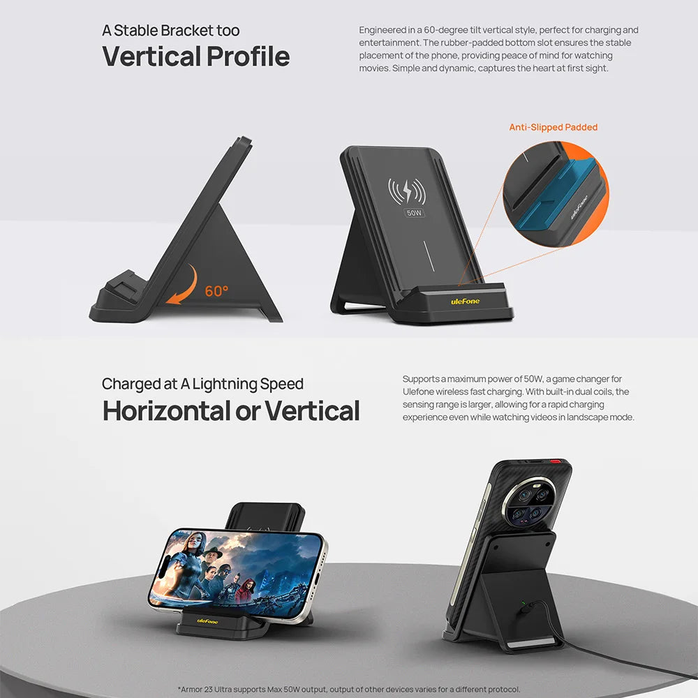 Ulefone WCS01 Wireless Charging Stand - 50W Air Cooled Fast Charger for Ulefone Armor 23 Ultra Smartphone