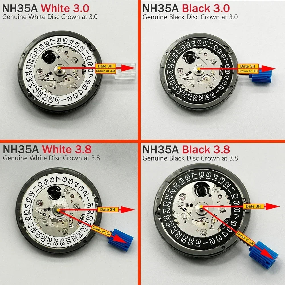 Original NH35A Automatic Mechanical Watch Movement – Crown at 3/3.8/6, Black Date Wheel, 24 Jewels Self-Winding Watch Repair Replacement Module