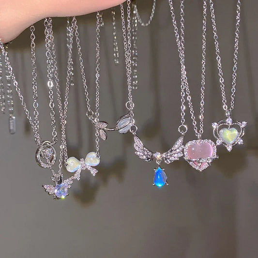 Y2K Crystal Bow Angel Wings Necklace - Heart Pendant Clavicle Chain for Women Trendy Aesthetic Jewelry
