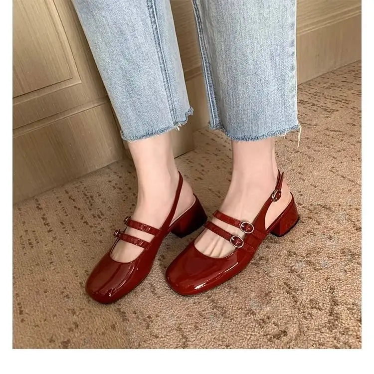 2025 Women’s Burgundy Mary Jane Shoes – Square-Toe Patent Leather Chunky Heel with Double Buckle