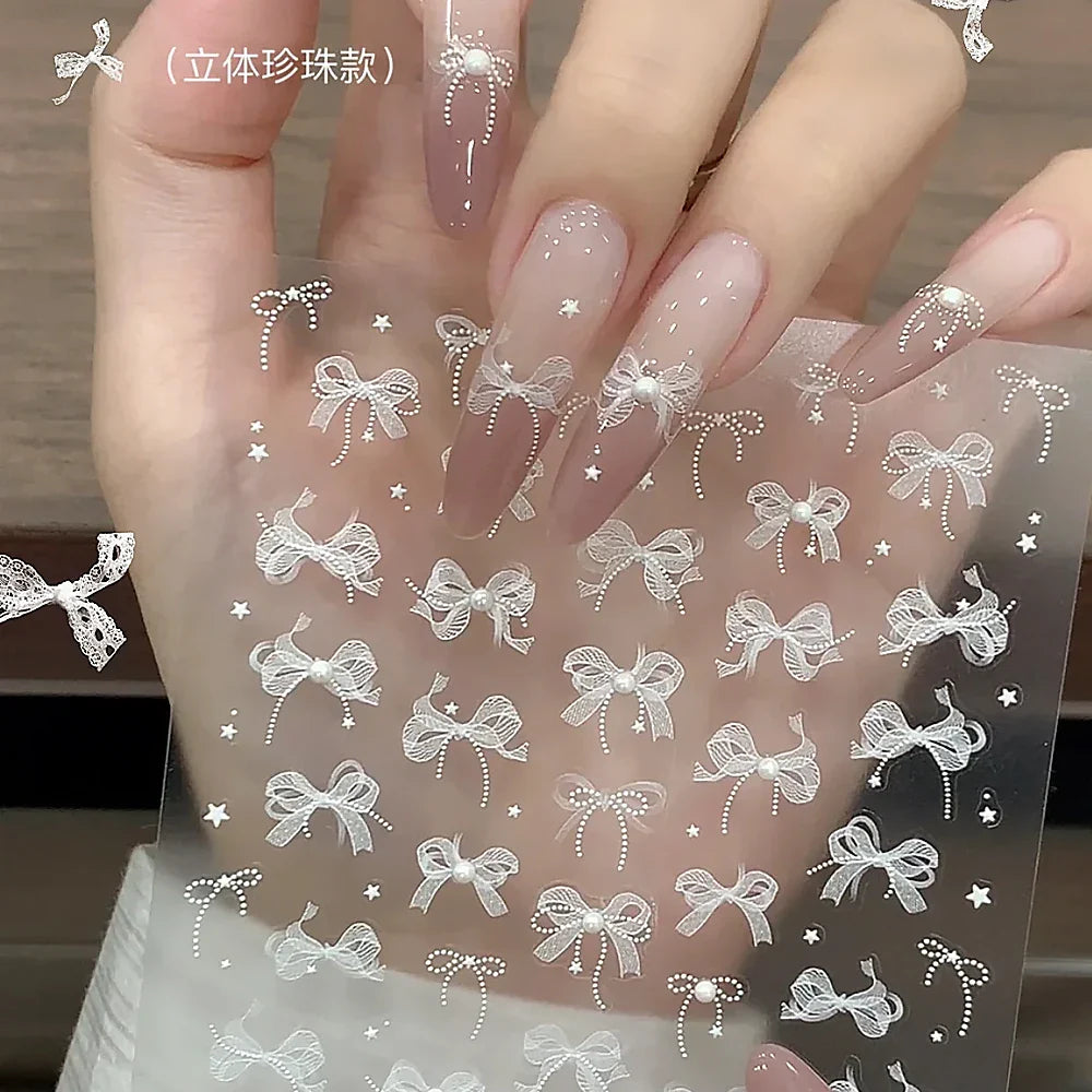 5D White Lace Bowknot Nail Art Stickers – Self-Adhesive Pearl Ribbon Luxury Nail Decals for DIY Manicure Decoration
