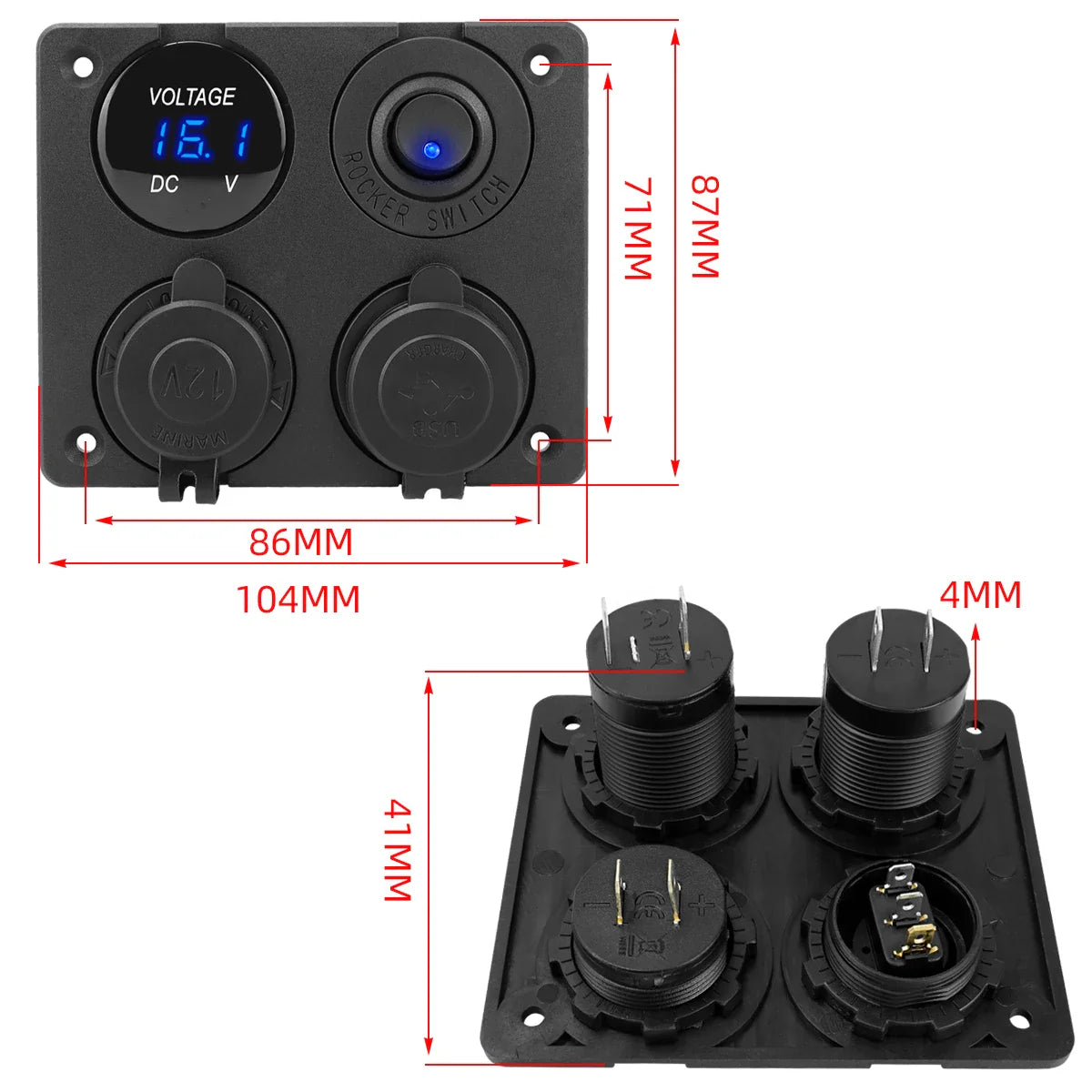 4-in-1 12V/24V Dual USB Power Adapter Panel 3.1A with LED Voltmeter & Rocker Switch for Car, RV, Truck & Marine Use