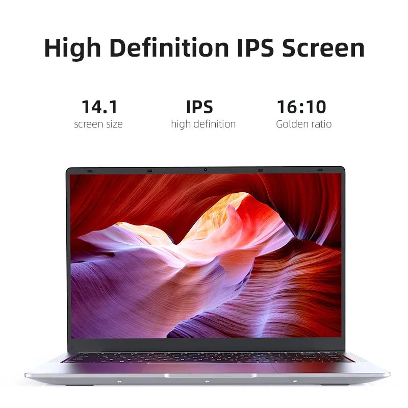14.1" Ultra Slim Laptop – Intel Atom A3950, 12GB RAM, 1–2TB SSD, Windows 11 Pro, 1080P HD Notebook for Office & Study