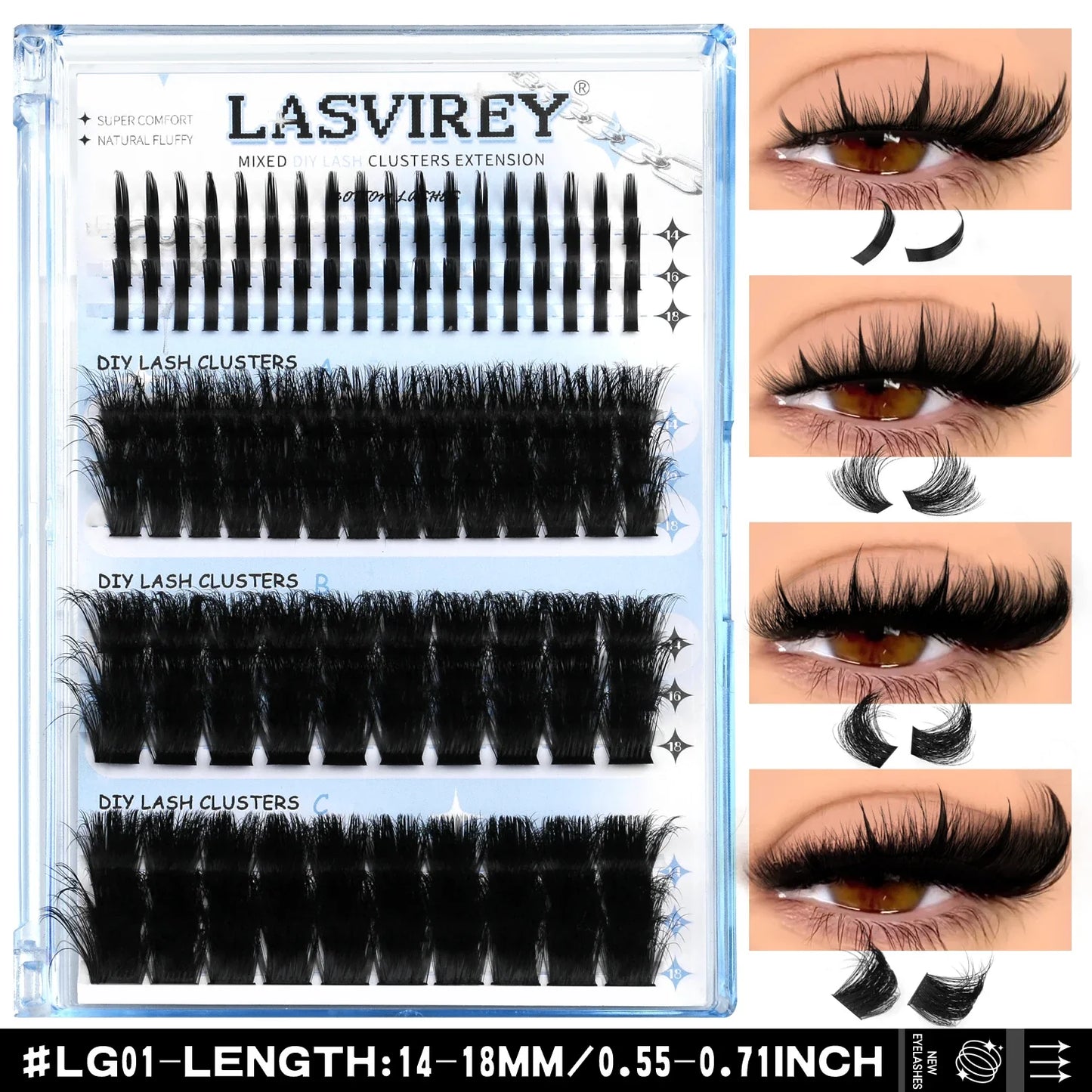 Lasvirey DIY Cluster Lashes Kit – 4-in-1 Fluffy Eyelash Extension Set with Lash Bond & Seal, Mixed Full Individual Lash Clusters