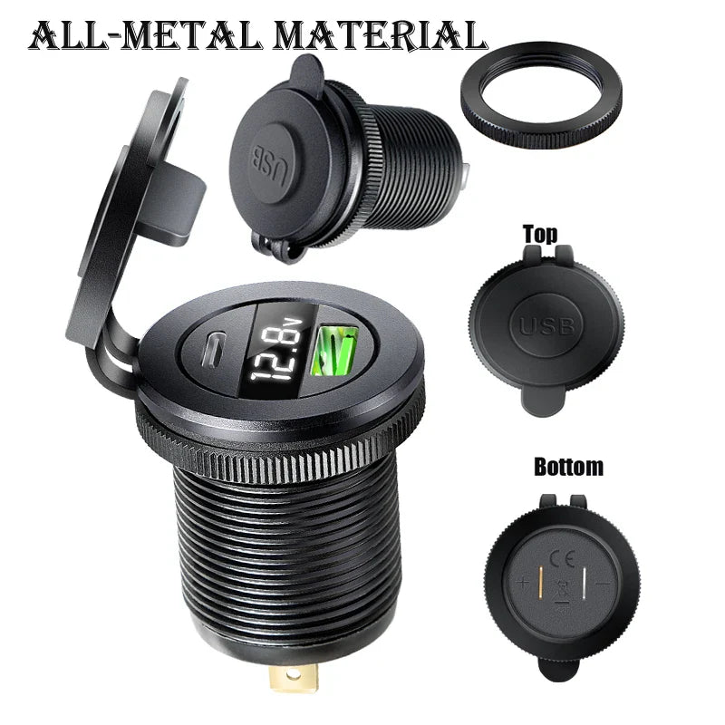 USB Car Charger PD 3.0 Quick Charge Power Socket with LED Voltmeter 12V/24V Waterproof Dual Port for Car Boat Universal Power Outlet