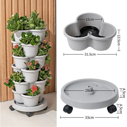 Vertical Stackable Garden Planter Tower - Multi-Layer Flower Pot with Rolling Casters
