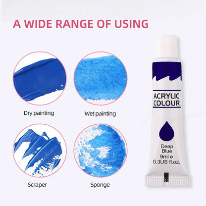 12-Color Acrylic Paint Set - 9ml Waterproof Art Supplies for Beginners, Canvas Painting, DIY Crafts & Creative Projects