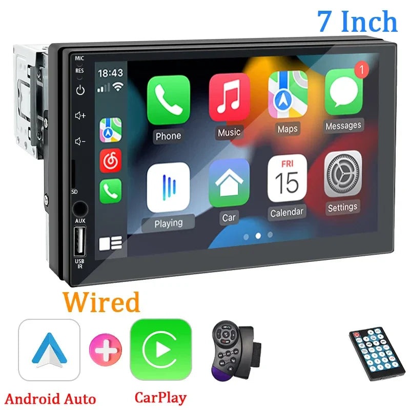 1DIN 7" HD Car Radio – CarPlay Android Auto Multimedia Player with Touchscreen, FM, AUX, Bluetooth & MirrorLink Universal Autoradio