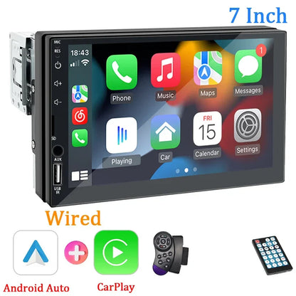 1-DIN Car Radio with 7’’ HD Touch Screen — Android Auto & CarPlay Multimedia Player, FM, AUX, Bluetooth, MirrorLink Universal Autoradio