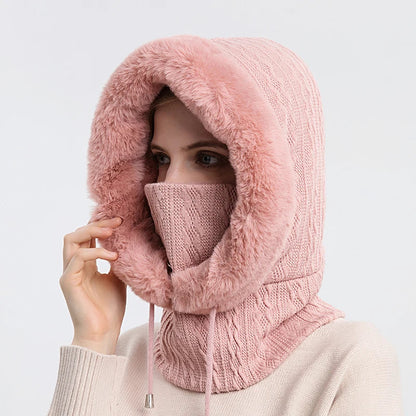 Winter Fur Cap Mask Set – Hooded Knitted Cashmere Neck Warmer, Plush Windproof Balaclava Ski Beanie for Women