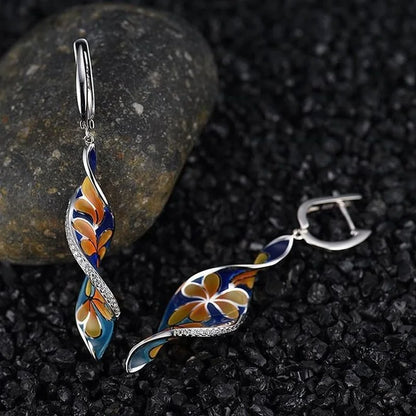 Spiral Leaf Enamel Pendant Earrings - Elegant Flower Pattern Long Dangle Fashion Jewelry Gift
