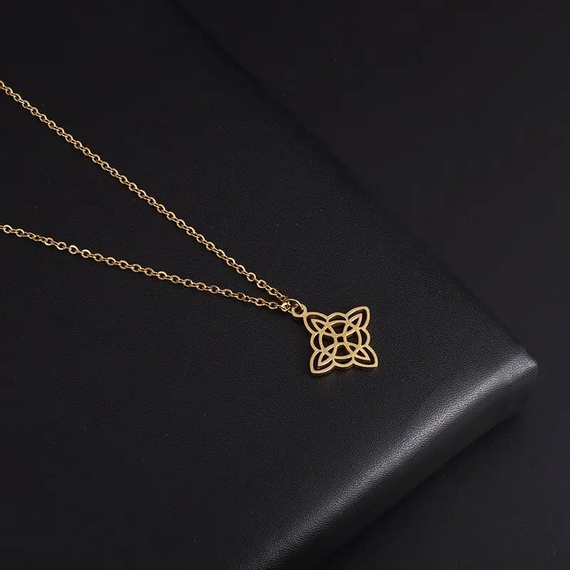 Witch Knot Necklace – Stainless Steel Magic Celtic Knot Pendant, Pagan Witchcraft Symbols, Jewelry Gift for Women
