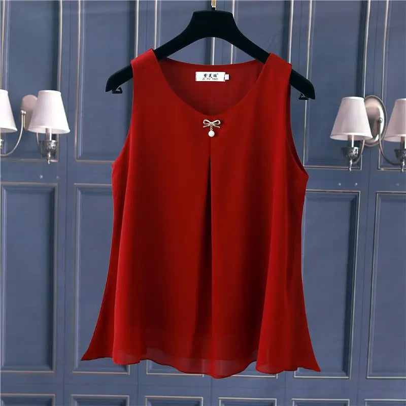 Women's Chiffon V Neck Blouse - Loose Sleeveless Plus Size Fashion Top M-5XL