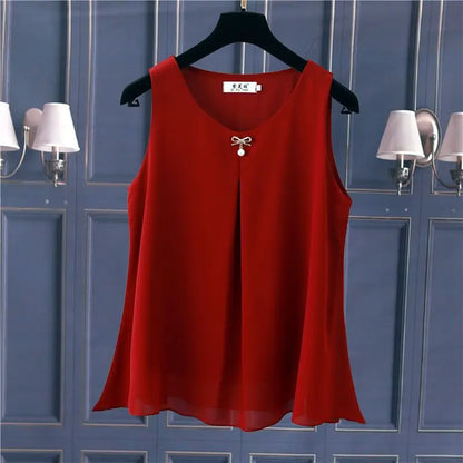 Women's Chiffon V Neck Blouse - Loose Sleeveless Plus Size Fashion Top M-5XL