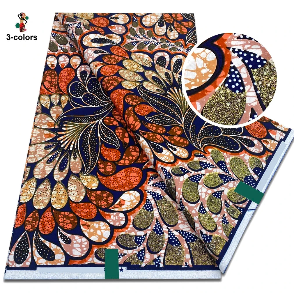 2026 African Glitter Glam Wax Fabric - 100% Cotton Golden Ankara Print 6 Yards
