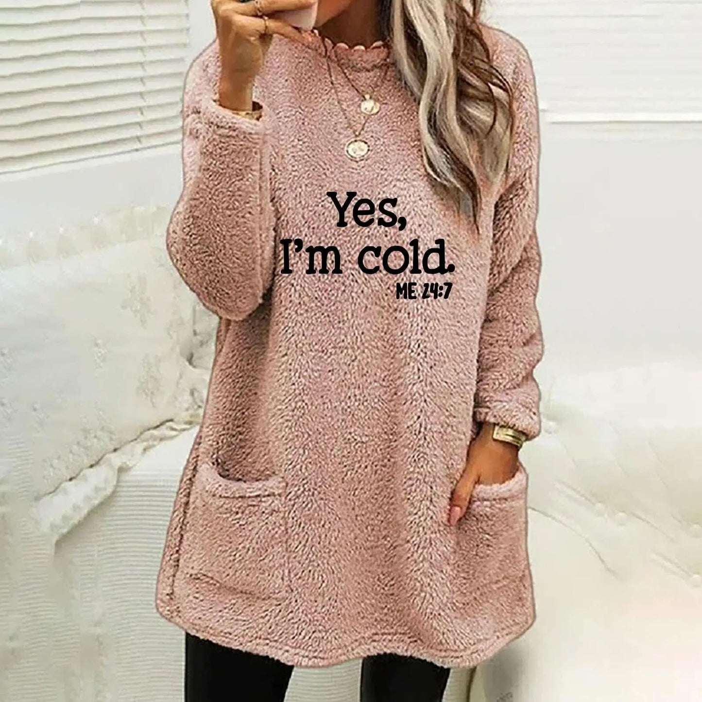 Women's Oversized Fleece Sweatshirt - Letter Print Pocket Long Sleeve Cozy Pullover