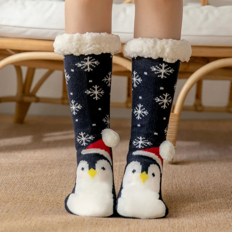 Winter Plush Women’s Non-Slip Floor Socks – Fuzzy Soft Penguin, Deer, Elk & Bear Slippers, Cozy Christmas Gift