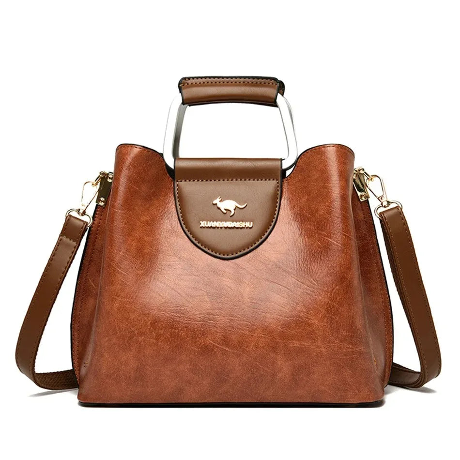 Women’s Soft Leather Luxury Handbag – Designer 3-Layer Large Capacity Shoulder & Crossbody Tote Bag