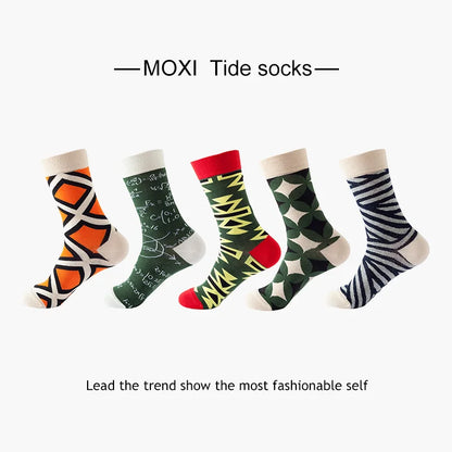 5-Pair Men’s Cotton Sports Socks Pack - Hip Hop Harajuku Pastel Print Long Tube Running Casual Socks