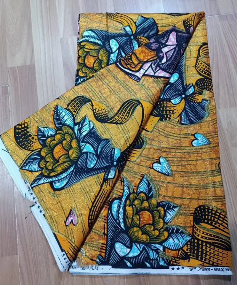 African Golden Glitter Wax Fabric - 6 Yards Ankara Batik Pagne Material for Sewing & Fashion Designs