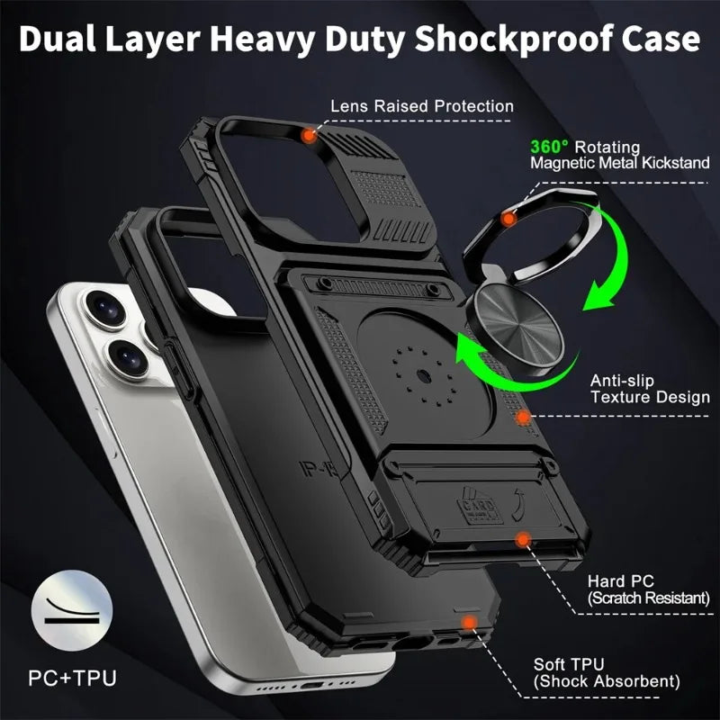 Magnetic Ring Kickstand iPhone Case - Heavy Duty Drop Protection Wallet Cover for iPhone 7-16 Series