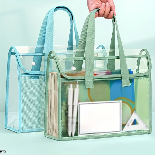 Large Capacity Expandable File Storage Bag - Transparent Waterproof PVC Handheld Document Folder with Self-Adhesive Closure
