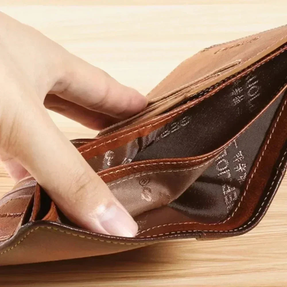 Genuine Leather Men’s RFID Blocking Trifold Wallet – Vintage Thin Short Multi-Function Card Holder ID Window Male Purse Money Wallet