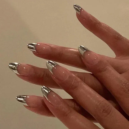 24Pcs French Press On Nails - Almond Fake Nail Tips with Glue, White Edge Design & Pink Stiletto Style Manicure Set