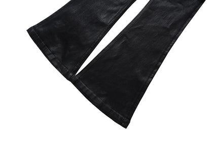Men’s Streetwear Black Wax Leather Stretch Jeans — Baggy Y2K Flare Oversized Straight Denim Trousers