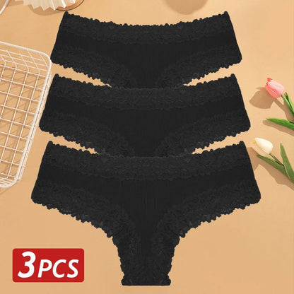 3PCS Women’s Cotton Lace Panties Set - Low Waist Brazilian Bikini Underwear Soft Floral Lingerie T-Back Style