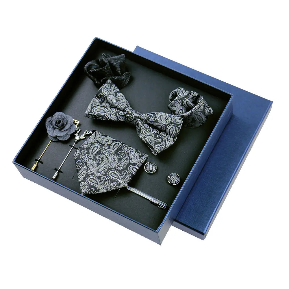 Men’s Luxury Silk Tie Set - 8cm Wedding Necktie with Bowtie, Pocket Square, Cufflinks & Floral Gift Box Accessories