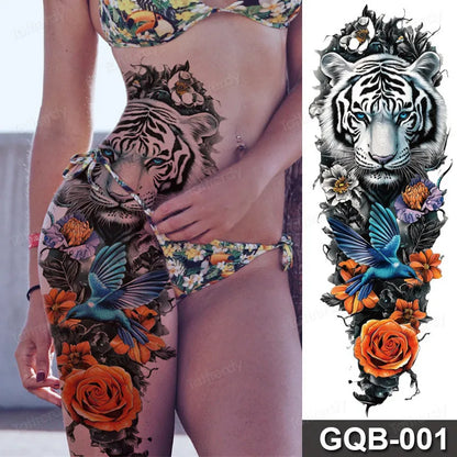 Full Arm Dragon Skull Tattoo Sleeve - Waterproof Temporary Body Art Sticker with Clock Compass Flower Design for Men & Women