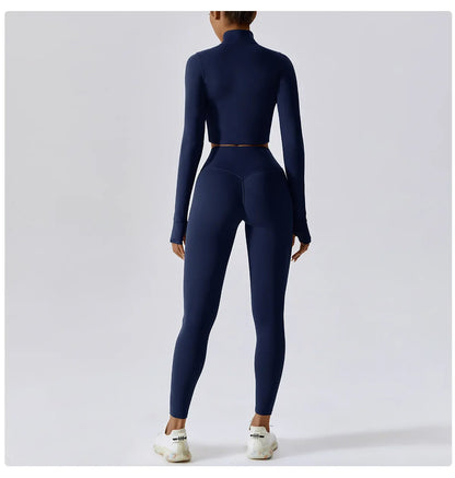 3PCS Women’s Yoga & Workout Set – Long Sleeve Zipper Top with High Waist Leggings Fitness Sportswear