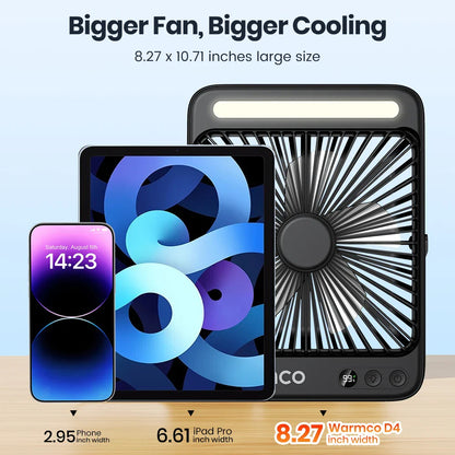 Warmco D4 Portable Desk Fan – 8" Rechargeable Camping Fan with 20000mAh Battery, Light, 48H Runtime, Silent Operation, Digital Display