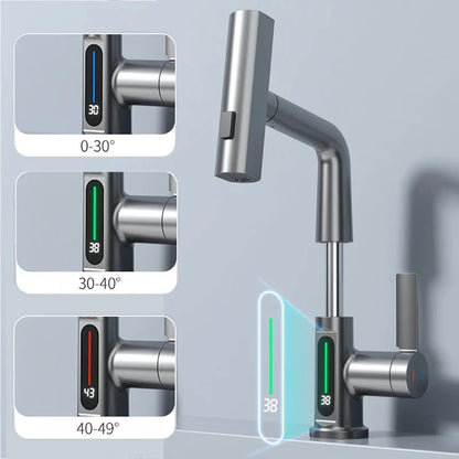 Waterfall Temperature Digital Display Basin Faucet | Lift Up Down Stream Sprayer | Hot Cold Water Sink Mixer Wash Tap | Bathroom Fixture