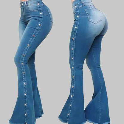 High Waist Stretch Flare Jeans - Vintage Button Front Floor Length Women's Denim Pants
