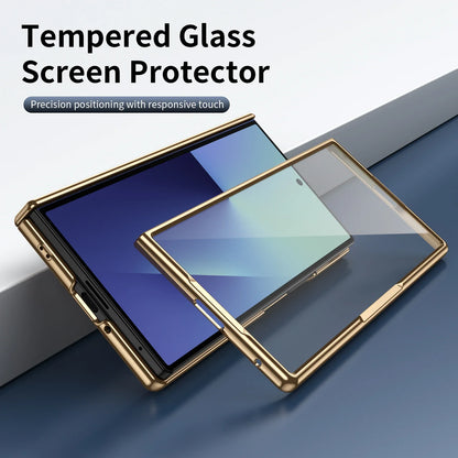 Samsung Galaxy Z Fold 4/5/6/7 Plaid Vegan Leather Case - Hinge Protection Cover with Clear Glass Protector