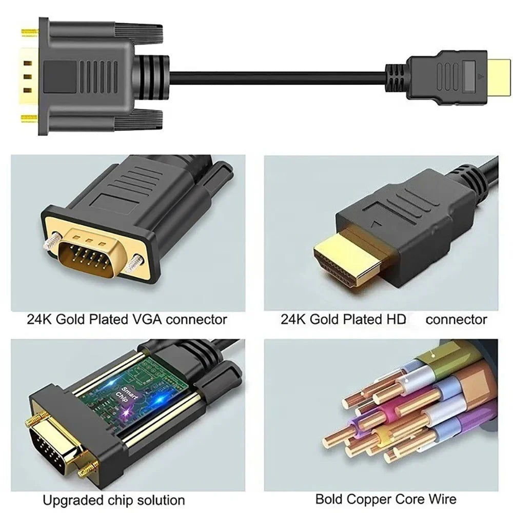 1.8M HDMI to VGA Adapter Cable - 1080P 60Hz Full HD Video Converter Cord for Laptop PC Monitor Projector