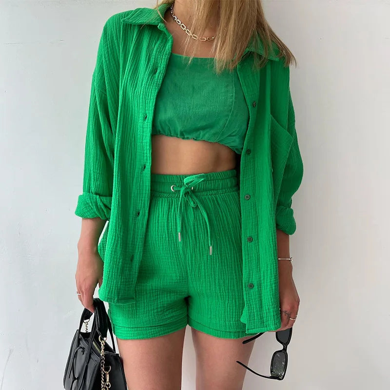 2025 Women’s Summer Two-Piece Set – Solid Color Casual Loose Short Pants & Top Outfit