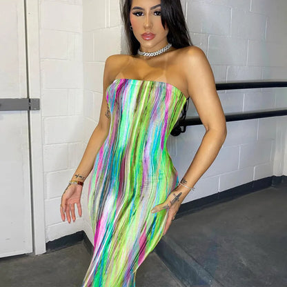 Women’s Off Shoulder Printed Maxi Dress - Slim Fit Bandage Chest Wrap Summer Party Dress