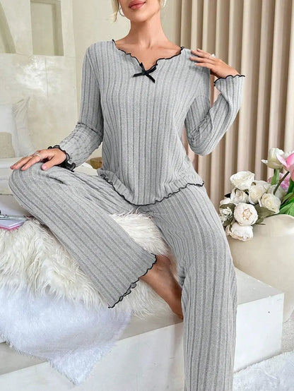 Women’s Autumn & Winter Ribbed Pajama Set – Long-Sleeve Top and Pants, 2-Piece Casual Homewear Loungewear