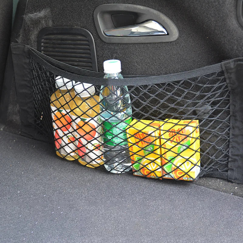 Car Seat Back Organizer - Universal Trunk Net Mesh Pocket with Elastic Storage & Magic Sticker