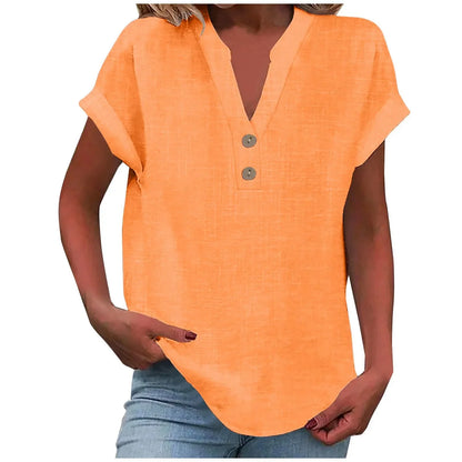 Women’s Summer Cotton Linen V-Neck Button Down Shirt – Breathable Casual Office Top in Solid Colors