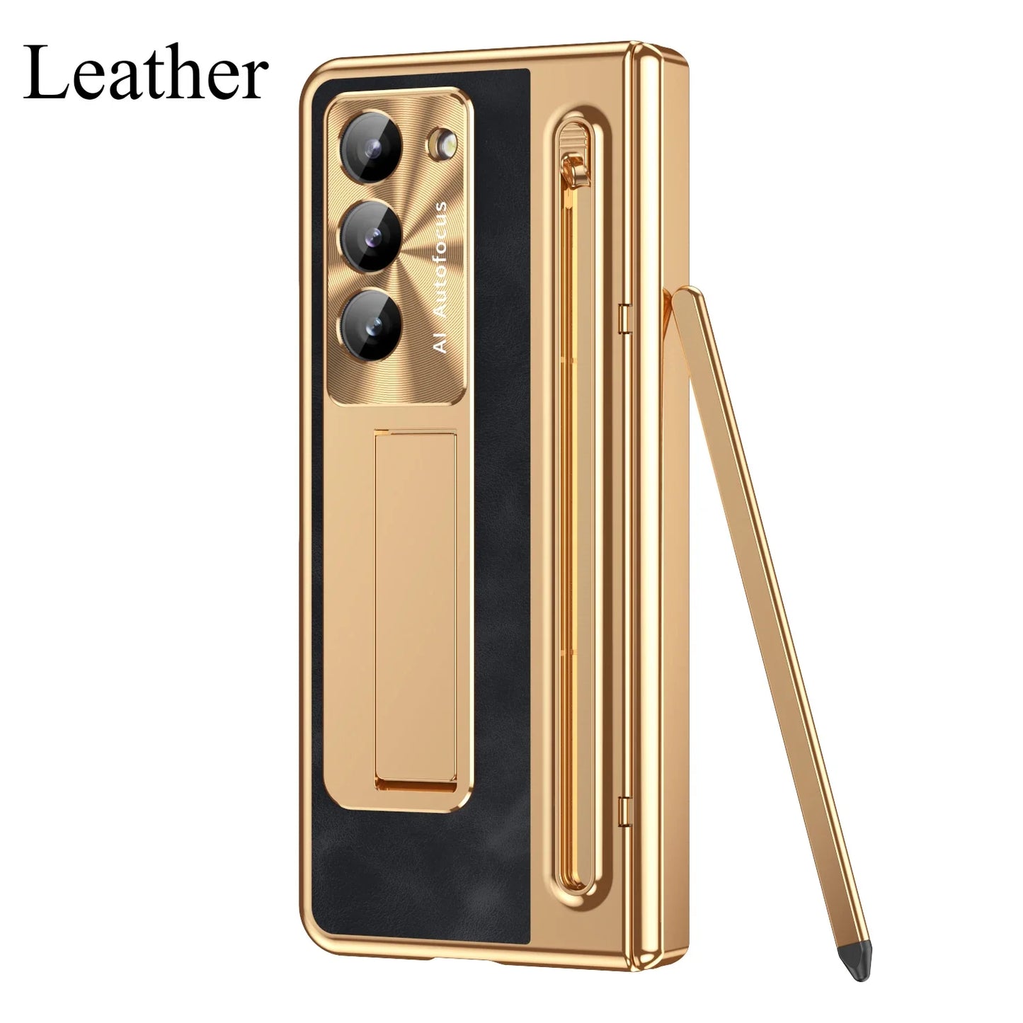 Slim Leather Case with Touch Pen for Samsung Galaxy Z Fold 6/5/W25/4/3 – Plated Hinge & Full Screen Protector Cover