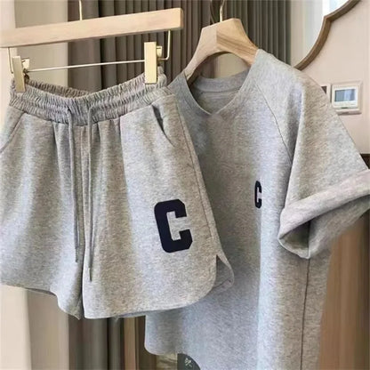 Women's 2-Piece Summer Pajamas Set – Loose Short Sleeve T-Shirt and Casual Shorts with Sports Letter Print, Large Size Homewear
