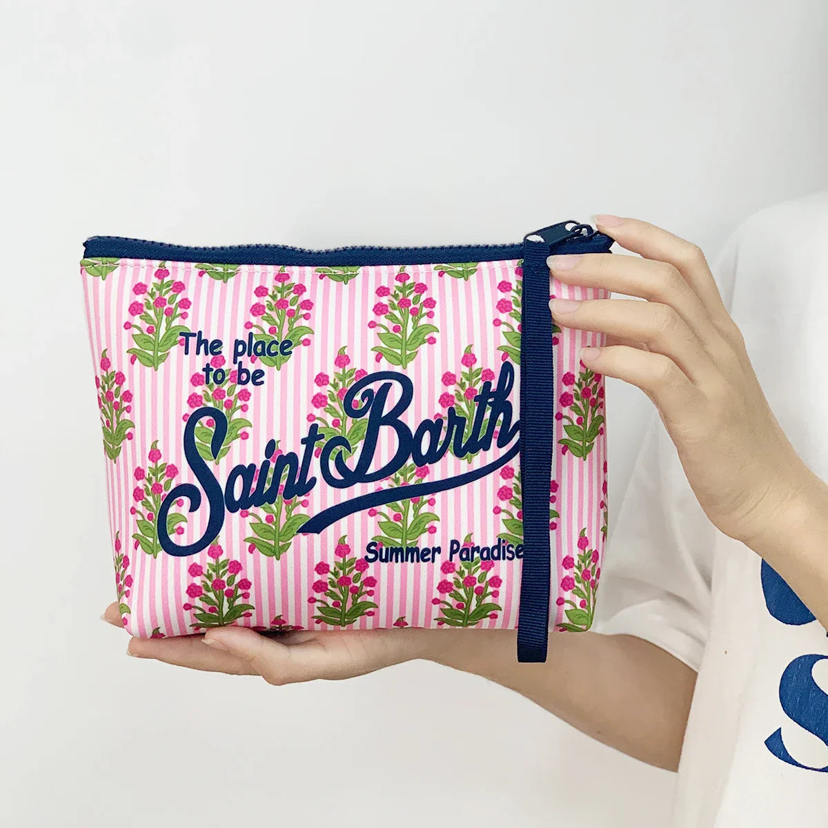 S-SAINT BARTH Pink Neoprene Clutch Bag – Trendy Vertical Zip Pouch Makeup & Toiletry Purse for Women