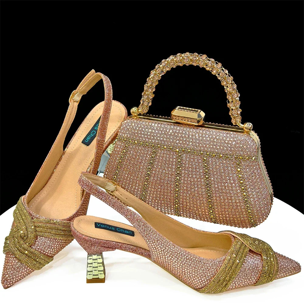 Venus Chan Women’s Champagne Shoe & Bag Set - Rhinestone Heels and Handbag for Nigerian Parties & Weddings