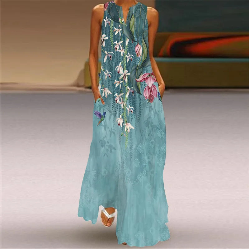 Vintage Boho Maxi Dress - Women's Summer V Neck Sleeveless Long Sundress with Pockets