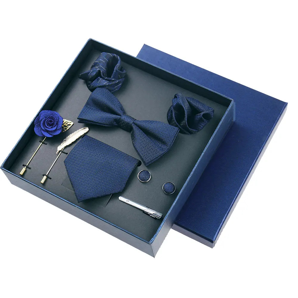 Men’s Luxury Silk Tie Set - 8cm Wedding Necktie with Bowtie, Pocket Square, Cufflinks & Floral Gift Box Accessories