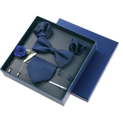 Men’s Luxury Silk Tie Set - 8cm Wedding Necktie with Bowtie, Pocket Square, Cufflinks & Floral Gift Box Accessories